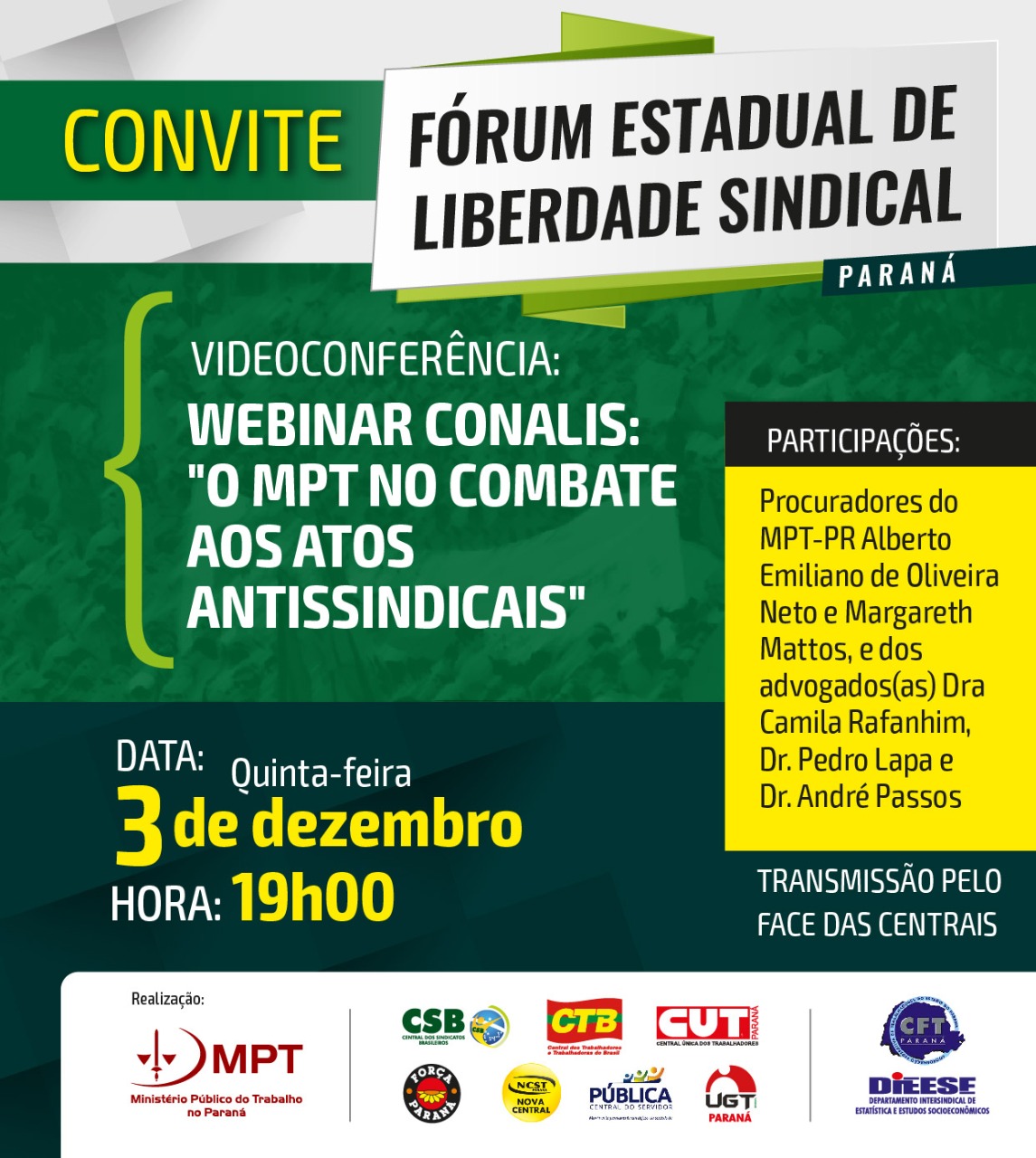 Videoconferência: Webinar Conalis: "O MPT no combate aos atos Assindicais"